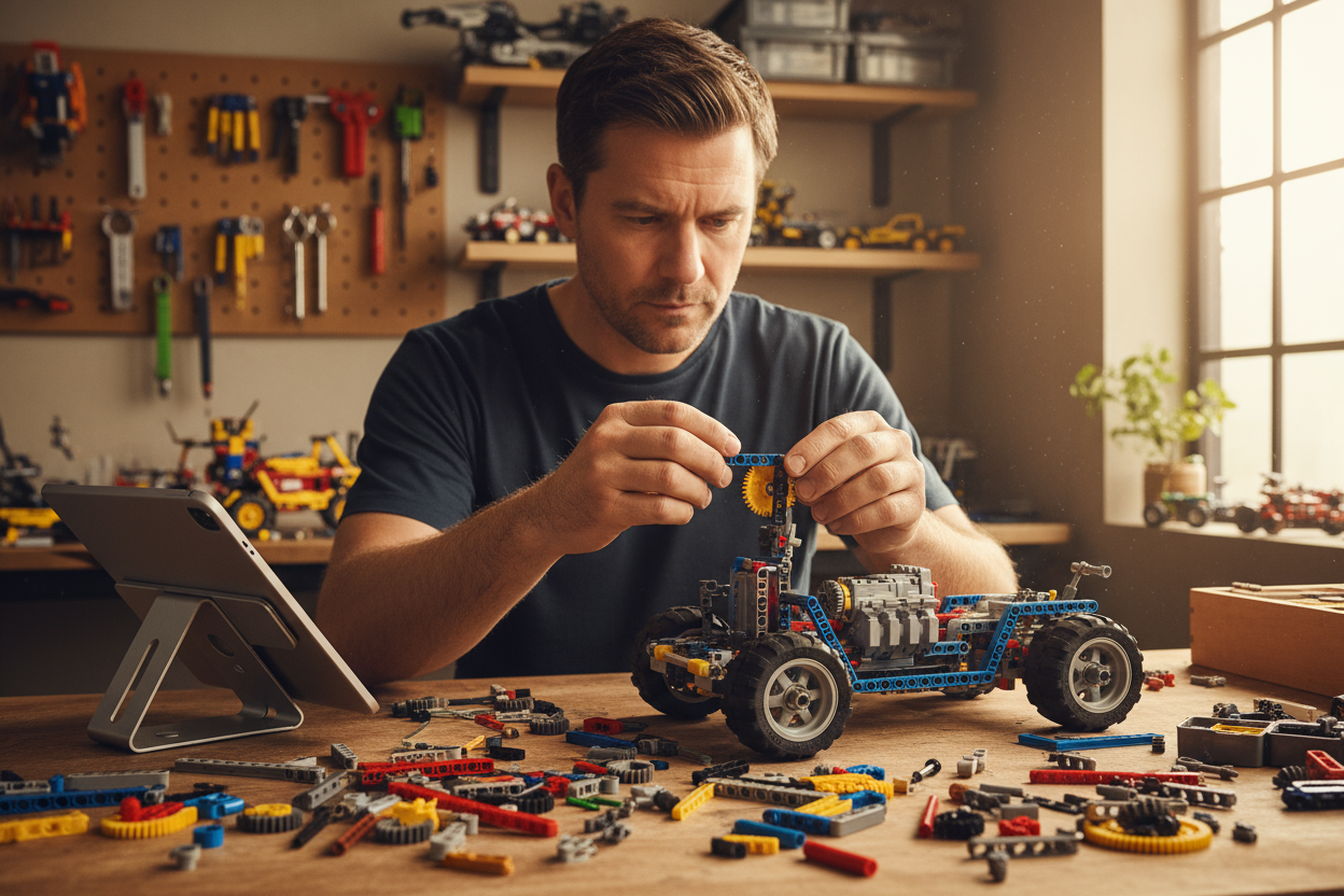 one adult male man constructing lego technic 