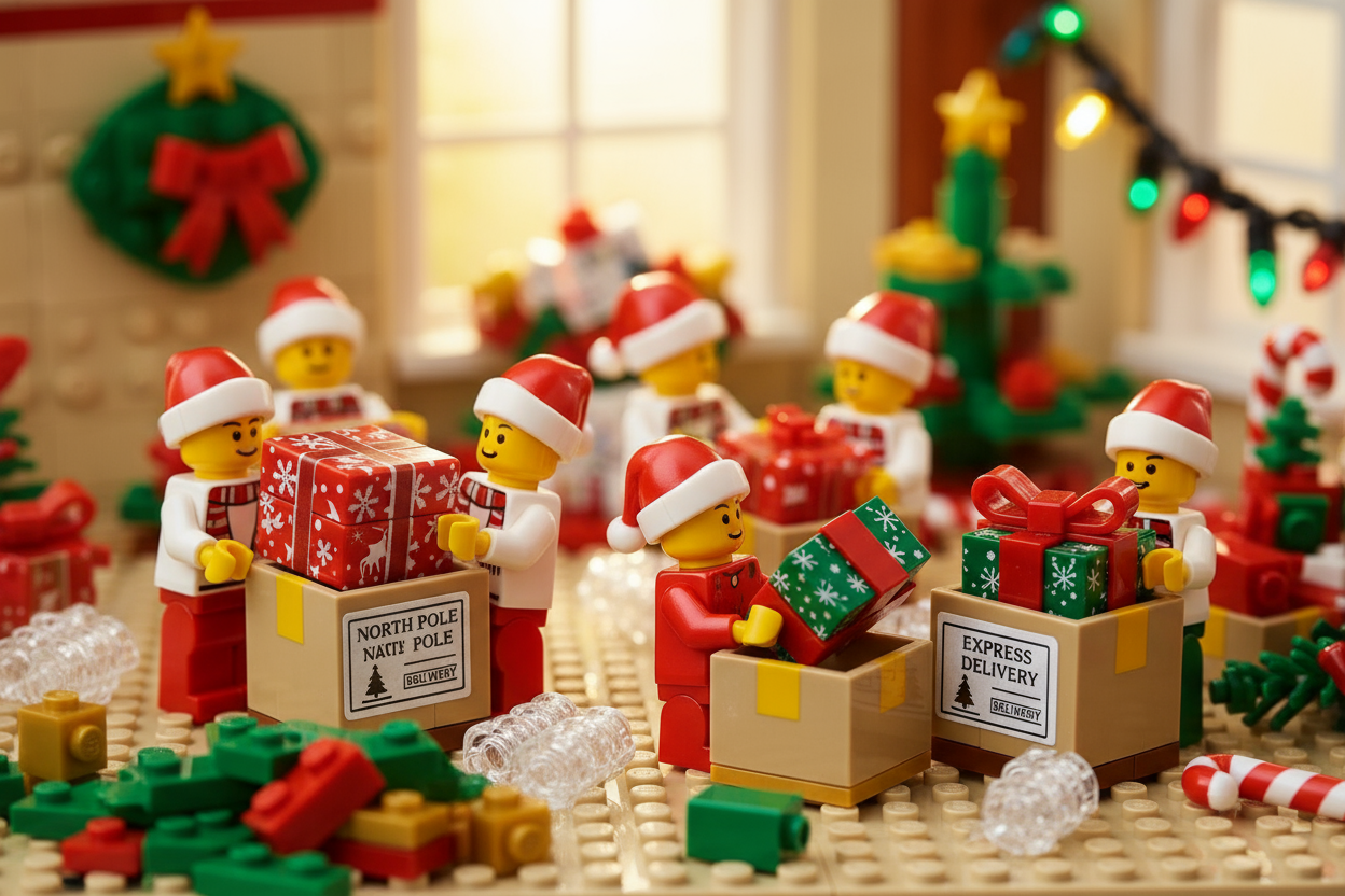 packaging and shipping Christmas gifts with lego like figures